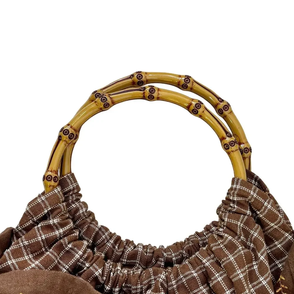 Faux Bamboo Handle Handbag Autumn Leaf Pumpkin Embroidery Brown Fabric Retro